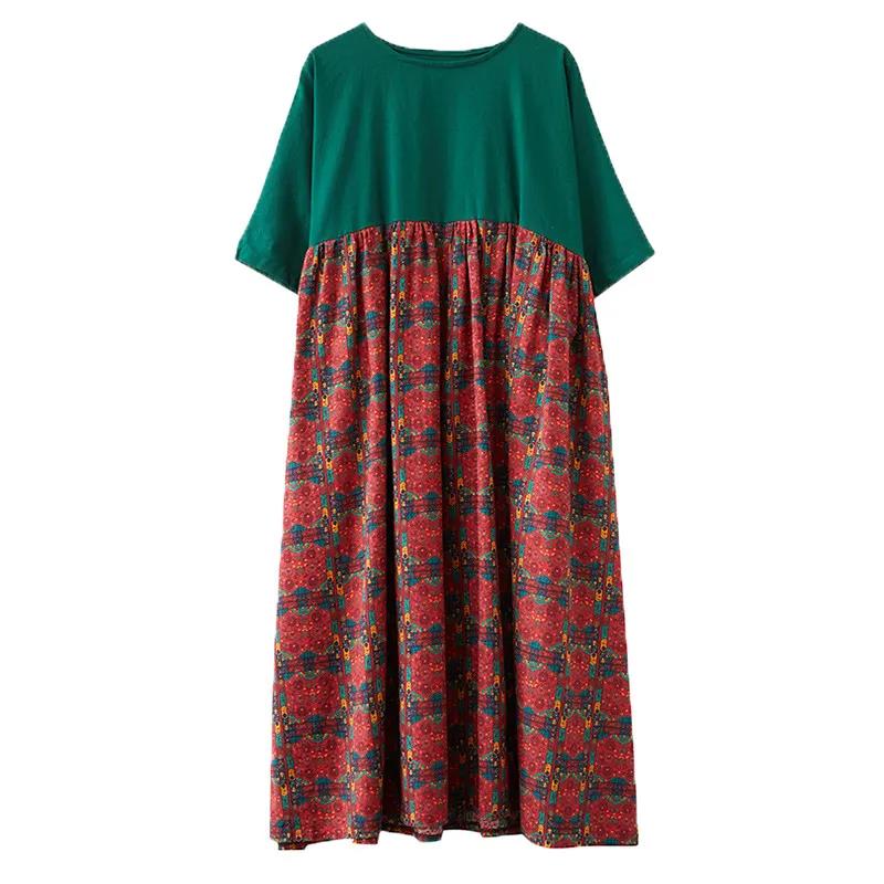 Women's Round Neck Half Sleeve Dress Retro Fashion Floral Print Cotton Long Dress
