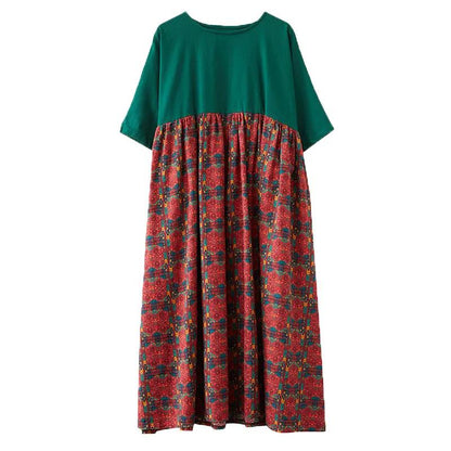 Women's Round Neck Half Sleeve Dress Retro Fashion Floral Print Cotton Long Dress