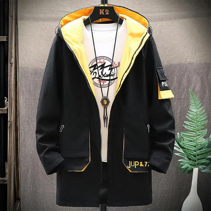 Men's Mid-length Windbreaker Youth Fashion Loose Warm Hooded Workwear Autumn Jacket