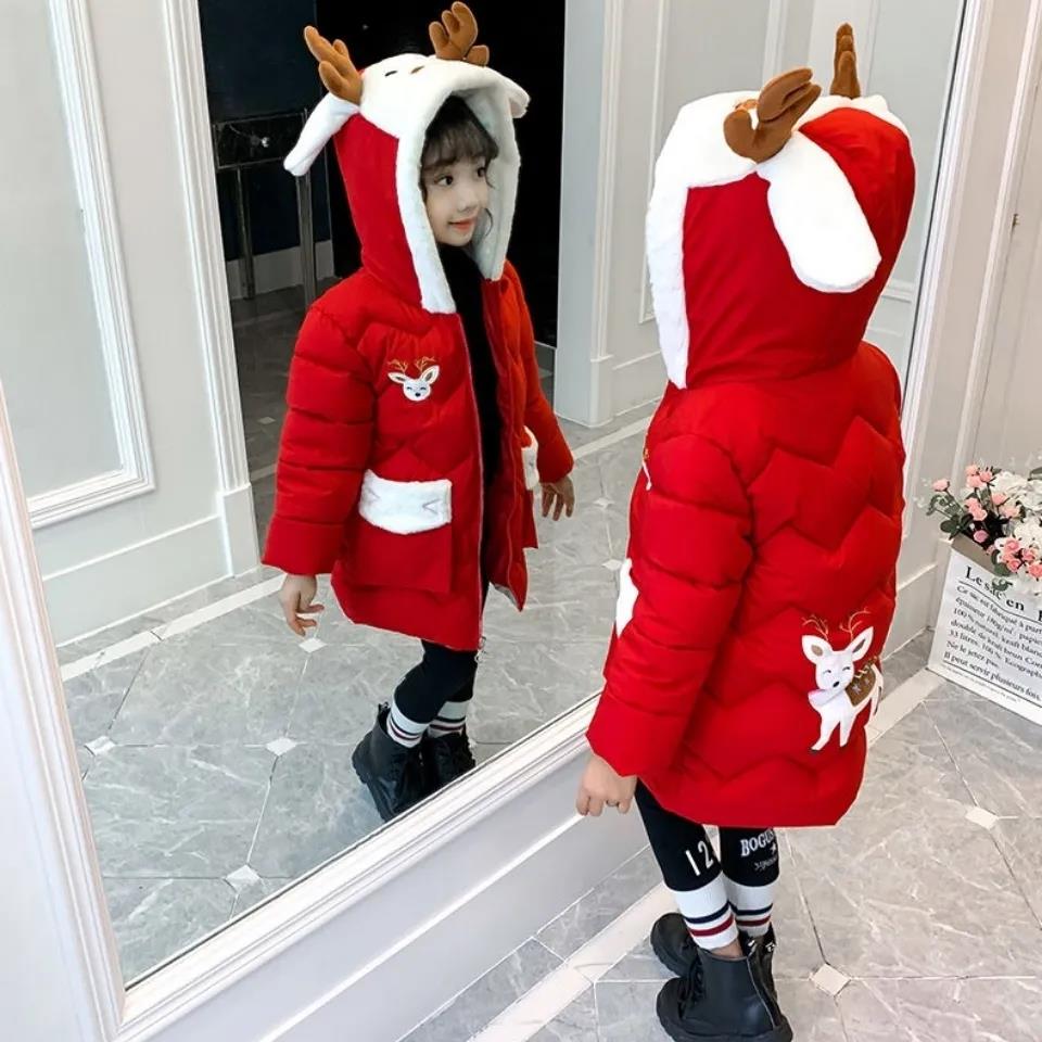Girls Thick Warm Cotton Clothes Winter Hooded Mid-length Coat