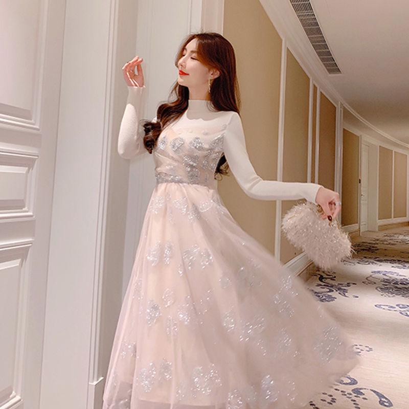Fashion mesh gown sequin dress women autumn and winter dress plus size slim knitted dress woman