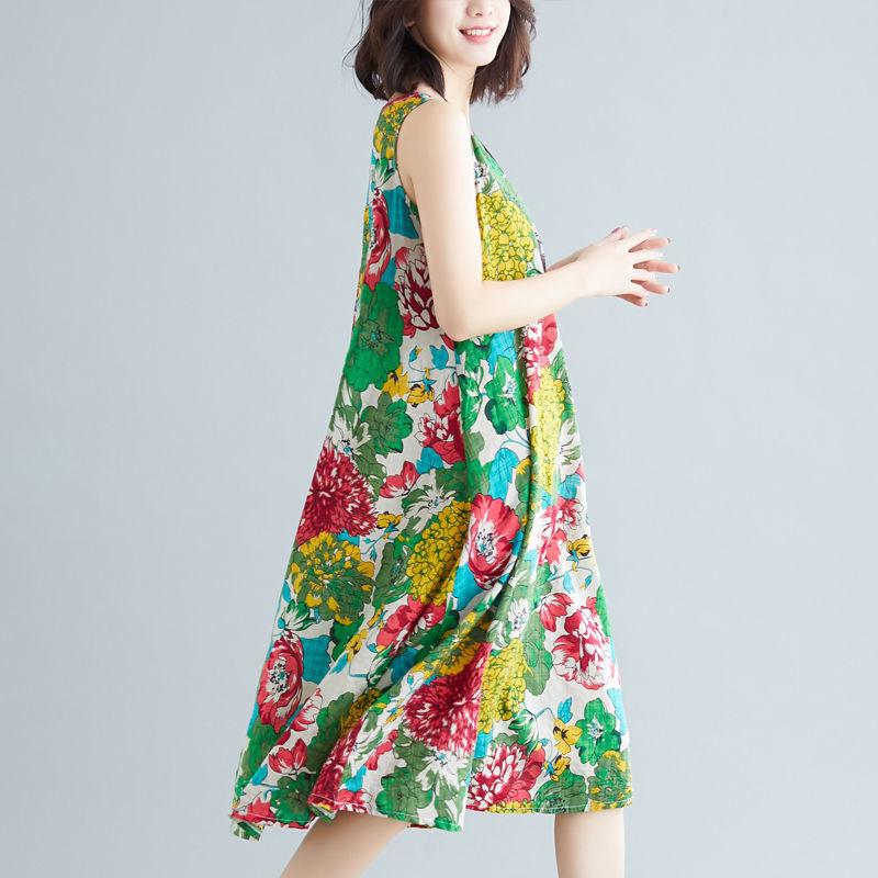 Summer Ethnic Print Dress Round Neck Cotton and Linen Sleeveless Loose Mid-length Vest Skirt Daily Thin