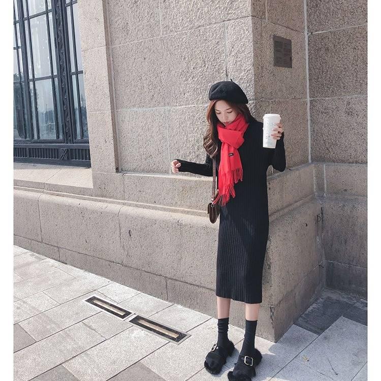 Mid-length Sweater Women's Autumn Winter Loose Over-the-knee Bottoming Knitted Dress Sweater Skirt