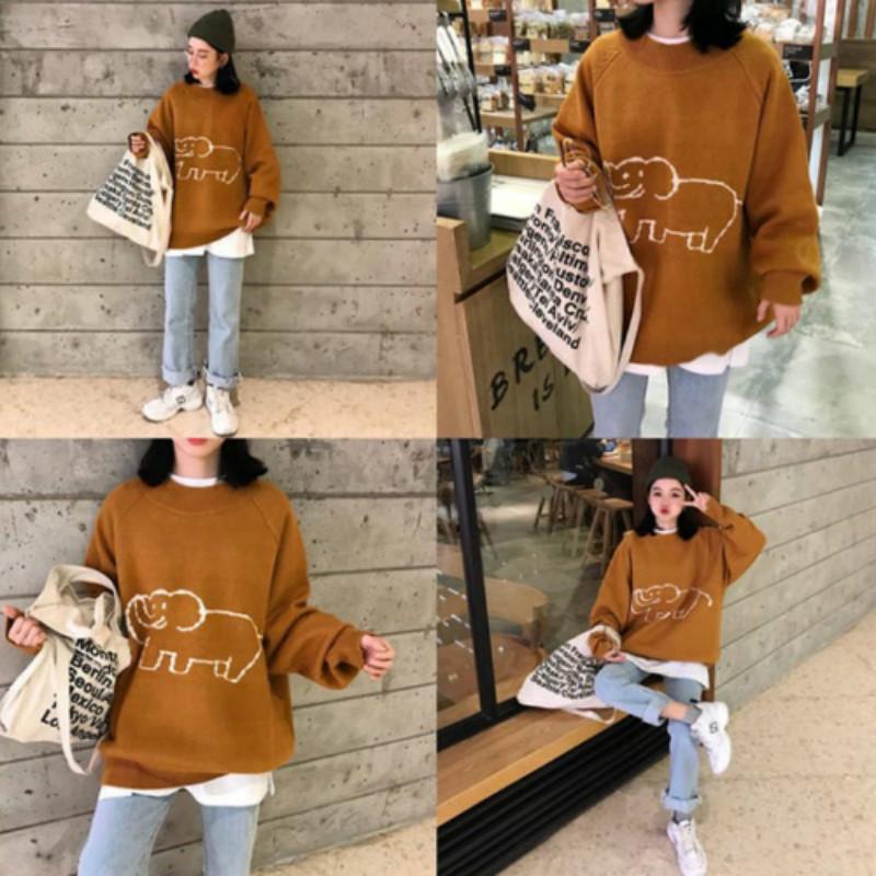Pofulove Autumn Winter Round Neck Sweater female Loose Wild  Cartoon Pattern Knitted Thin Sweater