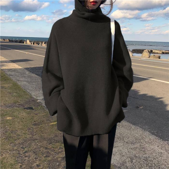Pofulove Black Turtleneck Women's Loose Winter Pullover Bottoming Shirt Autumn Thick Wearing