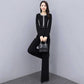 Black Spring and Autumn Suit Fitting Temperament Wide Leg Pants Casual Two-piece Round Neck Long Sleeve Shirt + Loose Wide Leg Pants