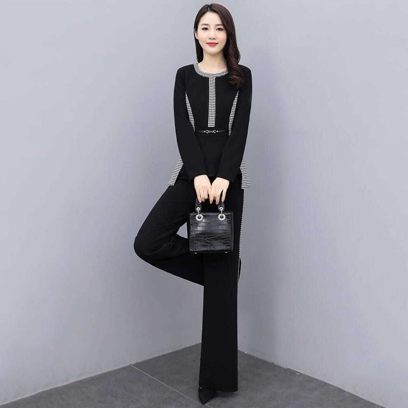 Black Spring and Autumn Suit Fitting Temperament Wide Leg Pants Casual Two-piece Round Neck Long Sleeve Shirt + Loose Wide Leg Pants