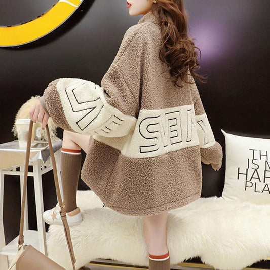 Plush Padded Faux Lamb Wool Sweater Women Autumn and Winter All-match Loose Warm Stand Collar Pullover Warm Top Women's Plus Size Jacket