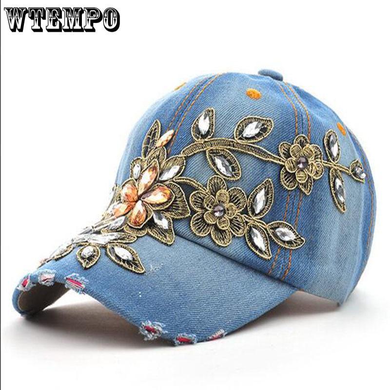 Spring New Shiny Fashion Women Diamond Flower Baseball Cap Lady Rhinestone Jean Ha