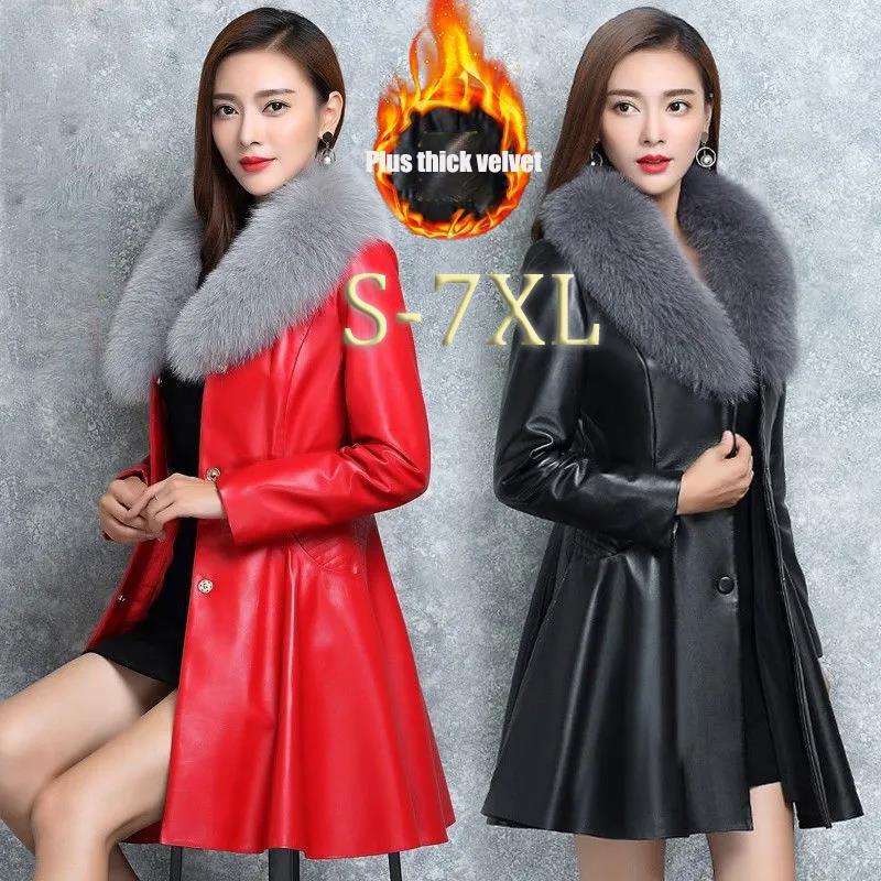 Ladies Winter Faux Fox Fur Leather Coat Warm Fluffy Hoodie Thick Overcoat Plus Size Coat