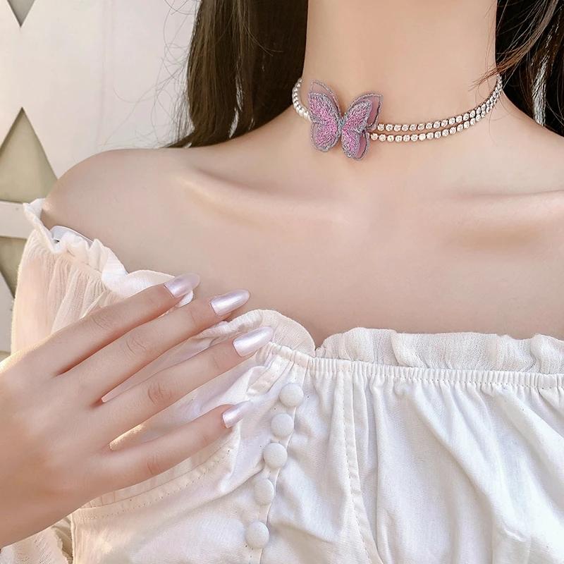 Purple Butterfly Pearl Necklace Women's Choker Necklace Clavicle Chain Simple Collar Beaded Necklace Send Friend Collar Personalized Ornaments