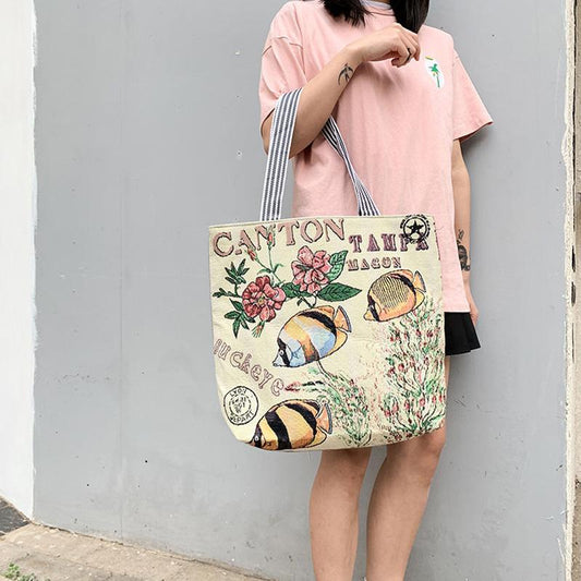Korean Style Large-capacity Linen Canvas Shoulder Bag Female Bag Trend All-match Cute Casual Bag Handbag