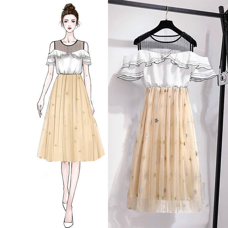 Women Skirt Set Off-shoulder Blouse Denim Stitched Mesh Skirt Two-piece Set for Party