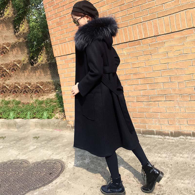 Autumn Winter Coat Cashmere Trench Jacket Women Casual Black Coat with Hooded Warm Pocket Jackets