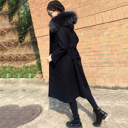 Autumn Winter Coat Cashmere Trench Jacket Women Casual Black Coat with Hooded Warm Pocket Jackets