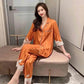 Women's Spring Autumn Long-sleeved Pajamas Set Sexy Lace V Neck Ice Silk Jacquard Striped Homewear Loose Comfortable Sleeping Suit Two-piece Set