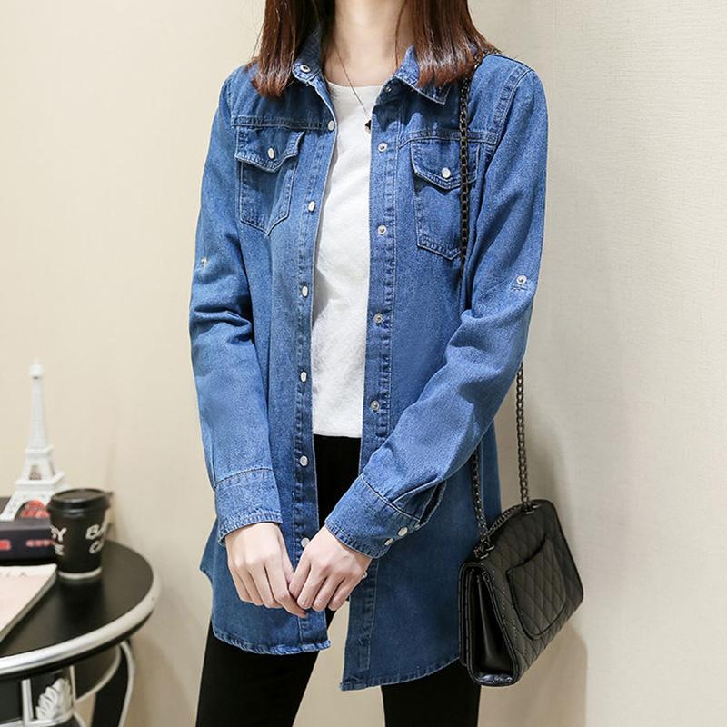 Denim Shirt Thin Jacket Women's Long-sleeved Loose Shirt Jeans Jacket Mid-length Spring Bottoming Shirt Large Size