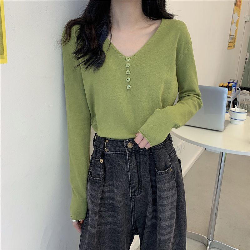Knit Blouse Women Autumn and Winter Slim Core-spun Yarn Bottoming Shirt V-neck Long-sleeved Sweater