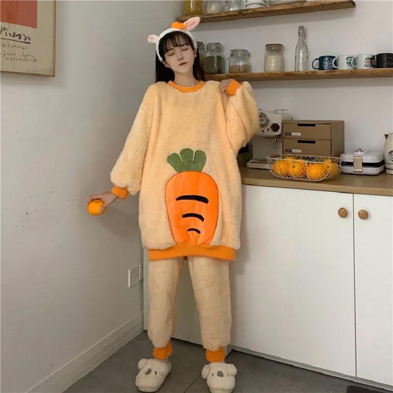 Women's Autumn Winter Flannel Pajamas Set Warm Plus Velvet Thickening Cute Cartoon Carrot Coral Fleece Two-piece Suit Leisure Loose Homewear