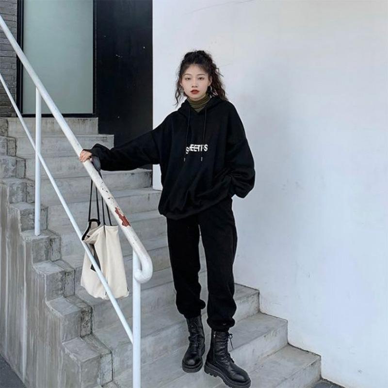Plus Velvet Suit Women's Solid Color Sports Hooded Sweater Casual Leggings Pants Fashionable Loose Two-piece Trendy