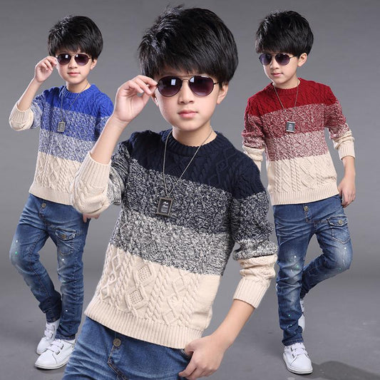 Children Sweater Boy Cardigan Thick Line Color Stripe Pattern Knit Sweater All-match Baby Swe