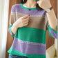 Thin Knit Sweater Half Sleeve Loose Striped Knitted Sweater Hollow Round Neck Pullover Sweater