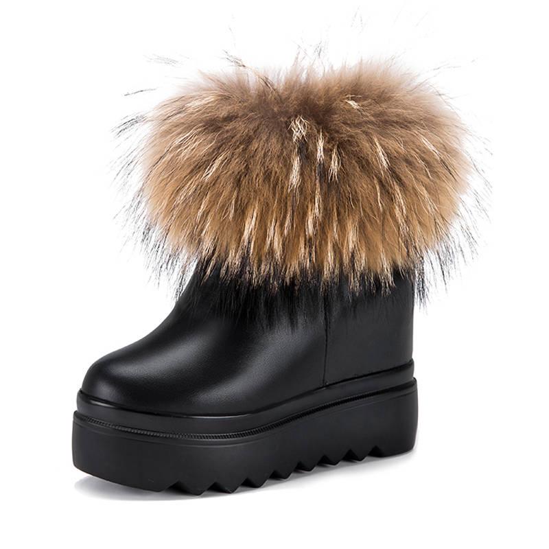 Women's Snow Boots Leather Fox Fur Wedges Non-slip Soft Bottom Boots High Heel Women's Shoes
