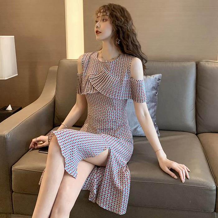 Pofulove S-XL Women Summer Off Shoulder Bag Hip A-line Dress Sexy Long V-neck Mermaid Dress