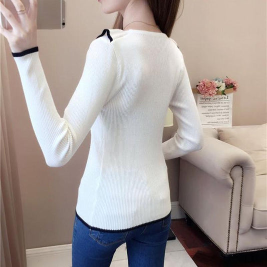 V-neck Long-sleeved Knit Top Slim All-match Bottoming Shirt Color Matching Short Sweater Ladies