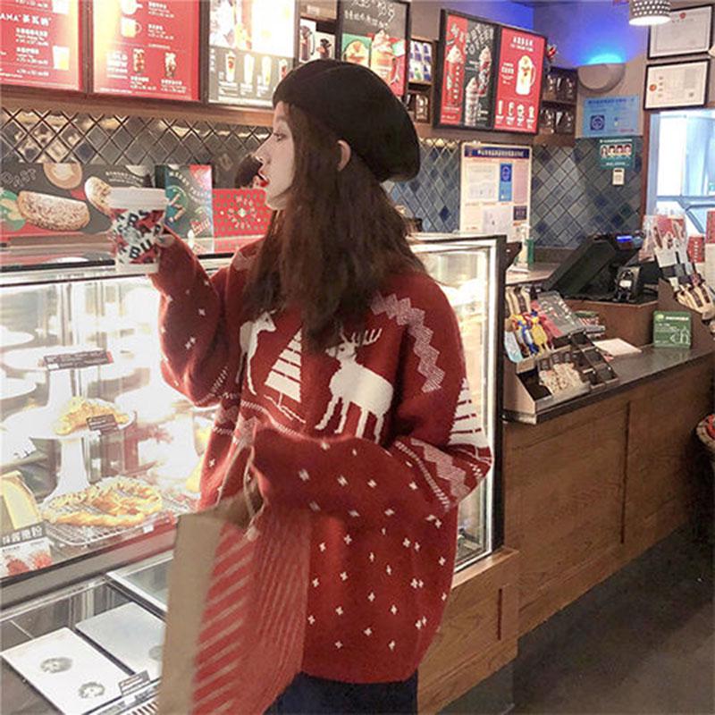 Autumn and Winter Pullover Top Loose Casual Thick Coat Christmas Style Knitted Female Sweater