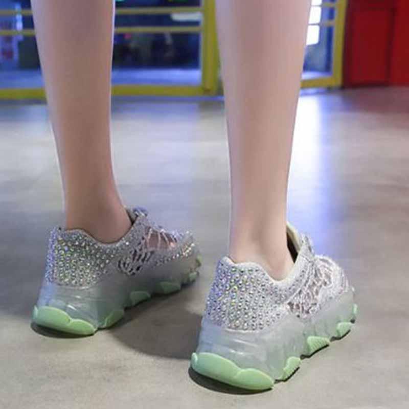 Plus Size 35-39 Summer Women Mesh Sneakers Breathable Running Basketball Shoes Students Shockproof Non-slip Rhinestone Crystal Shoes