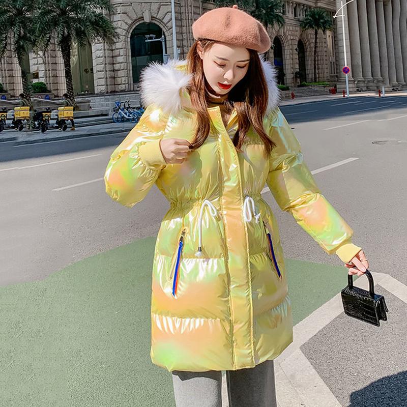 Women's Bright Face Hooded Down Jacket Mid-length Korean Loose Thick Coat Warm Cotton Coat Large Wool Collar Winter Quilted Coat
