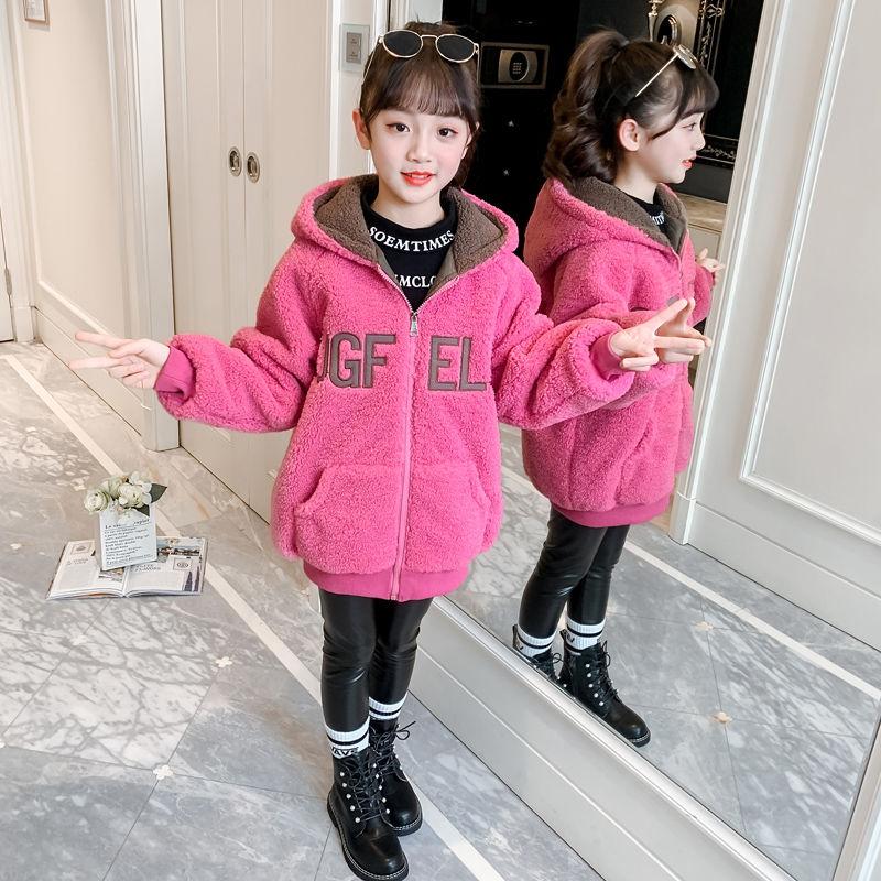 Girls' Cashmere Warm Jacket Korean Style Plus Velvet Padded Jacket Autumn and Winter Windproof Hooded Top
