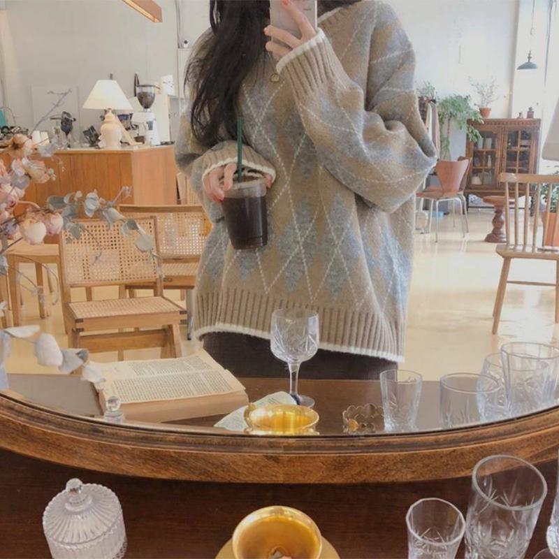 Pullover Plaid Sweater Long Sleeve Sweater Women Autumn and Winter Retro Net Red Loose