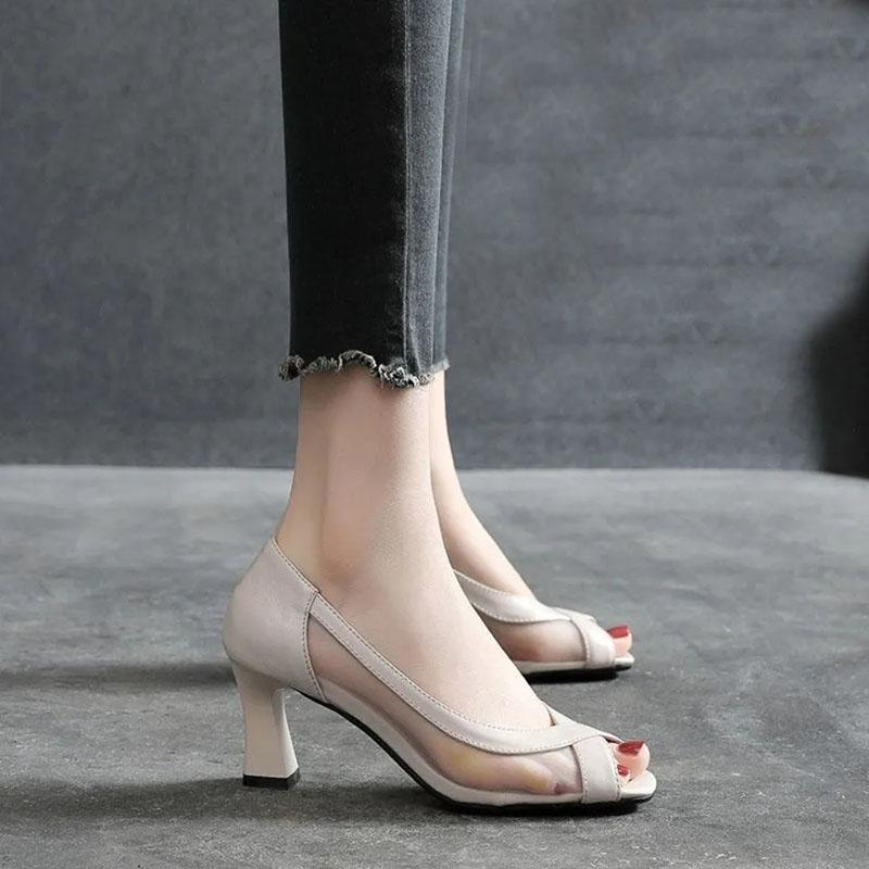 Soft Leather Mesh Thick Heel Sandals for Women's Outer Wear Spring and Summer Fashion All-match Fish Mouth Mid-heel Shoes