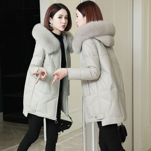 Leather Jacket Thick Cotton Jacket Female Winter Imitation Fox Fur Collar Fur Hooded Leather Jacket Mid-length