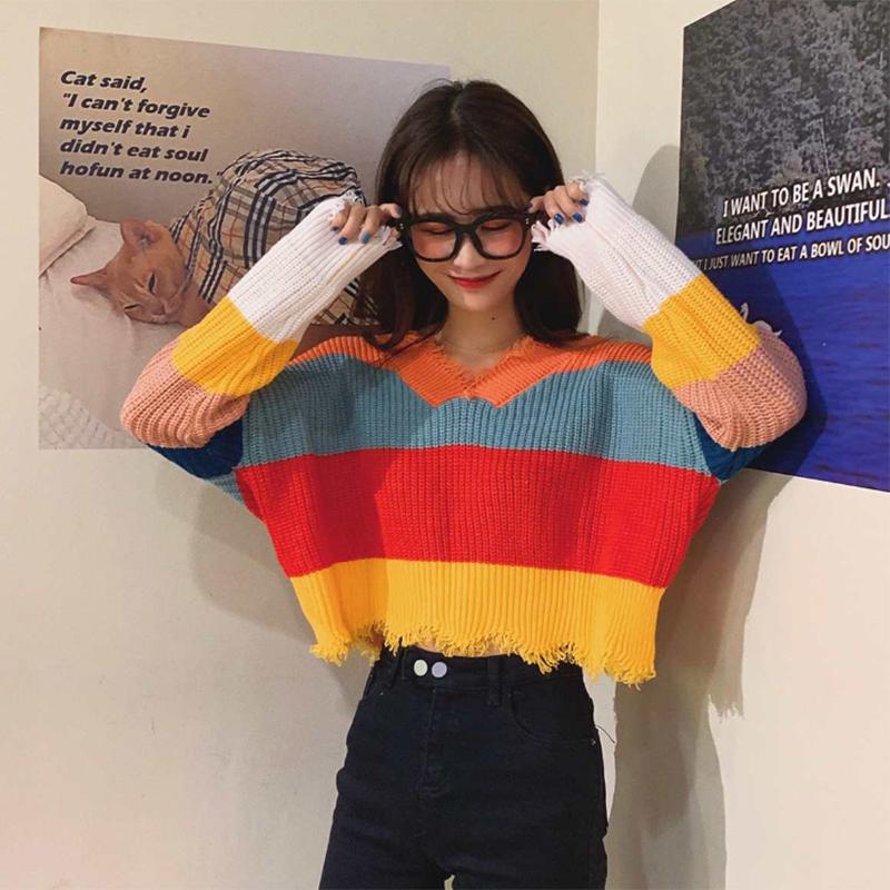 Pofulove loose sweater rainbow striped color matching striped fringe student short sweater women