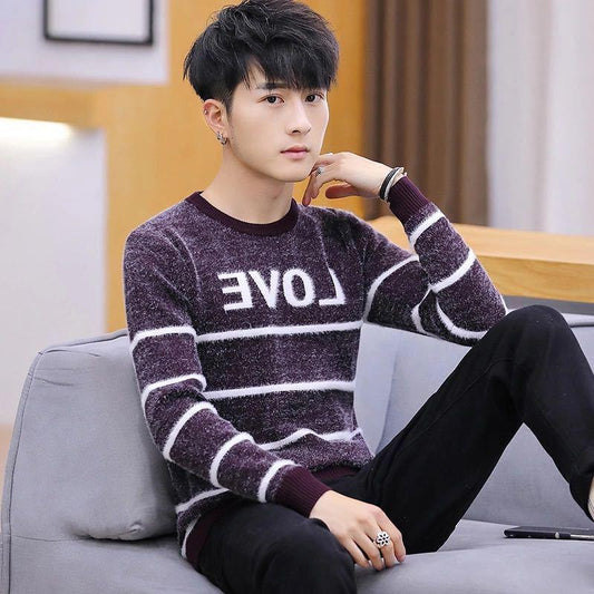 Fall/winter Men's Pullover Low-neck Casual Character Jacket Long-sleeved Striped Splicing Color Top
