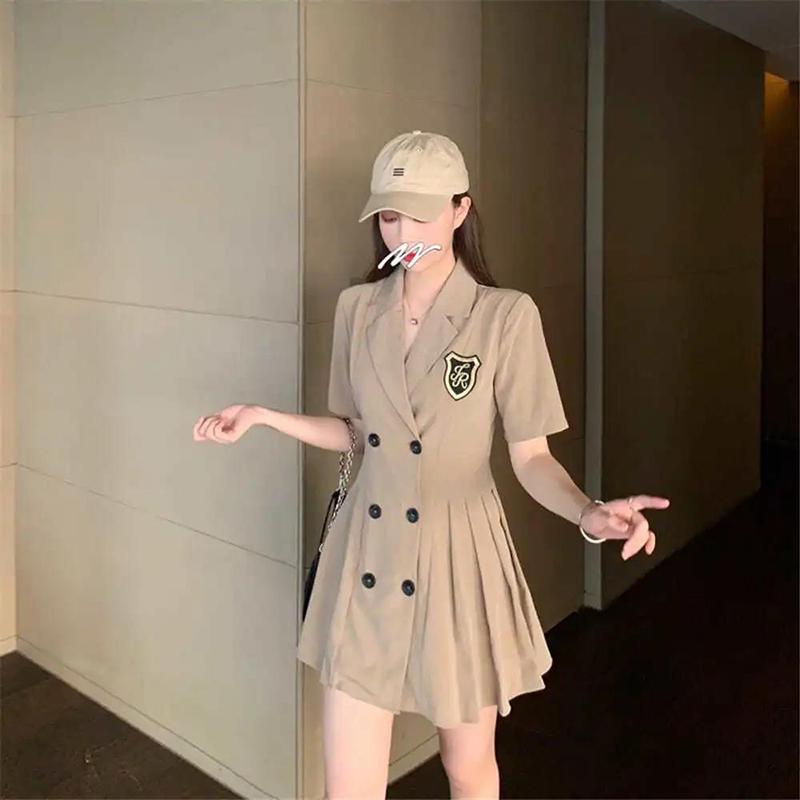 Retro College Dress Women's Summer Dress Waist Slim Temperament A-shaped Short-sleeved Suit Skirt Ladies Short Dress Coat