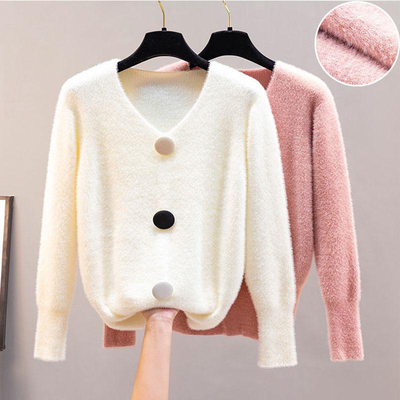 Imitation Mink Sweater Women V-neck Furry Knit Sweater Coat Autumn and Winter Knitted Jumper Top