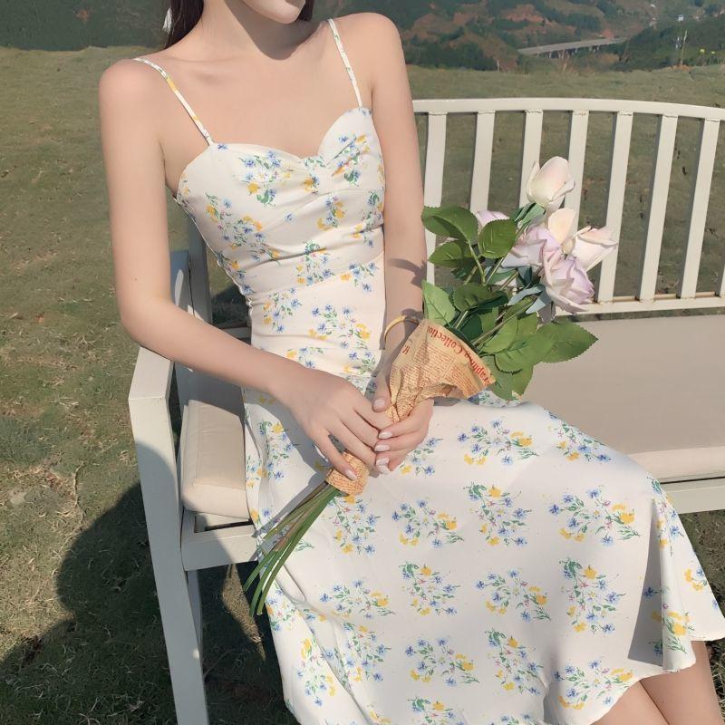 Women's Summer French Elegant Little Fresh Fairy Gentle Long Print Suspender Dress