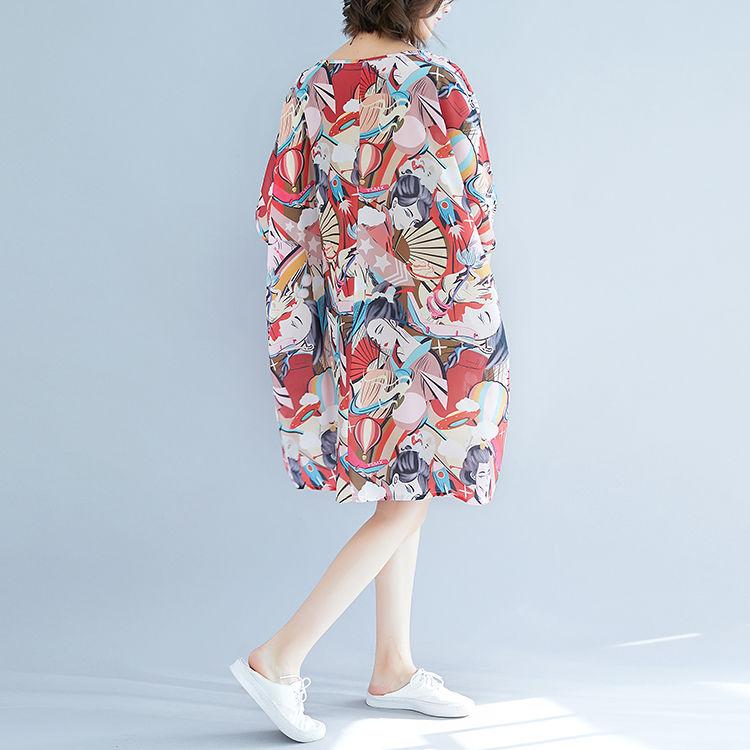 Printing  XL-XXXXXXL Summer Polyester Short-sleeved Knee-length A-line Dress