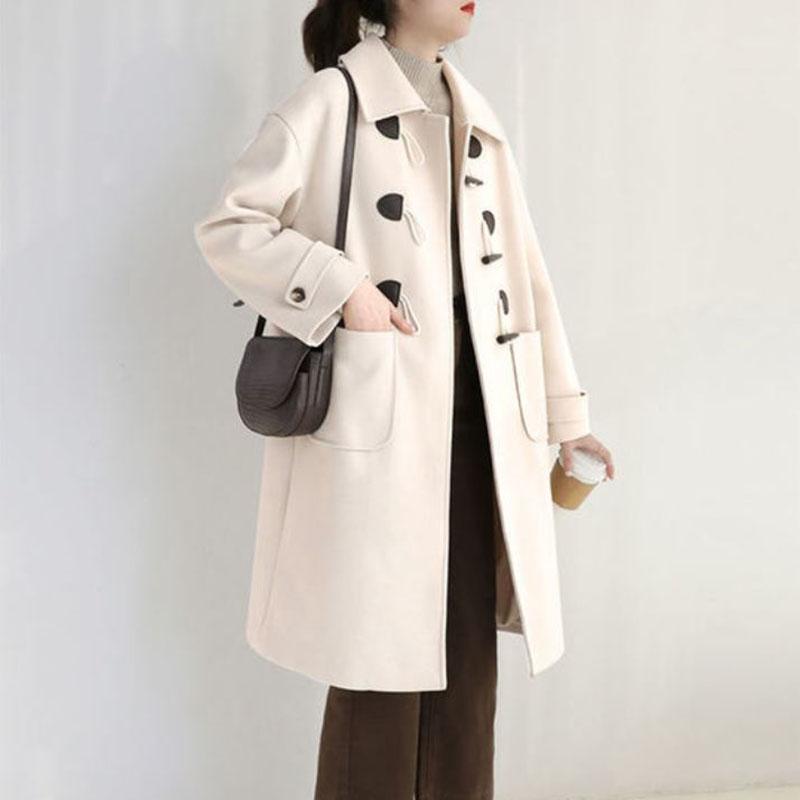 Autumn and Winter Woolen Coat Fashionable Horns Buttoned Woolen Coat Women's Thick Large Size Mid-length Over-the-knee Coat