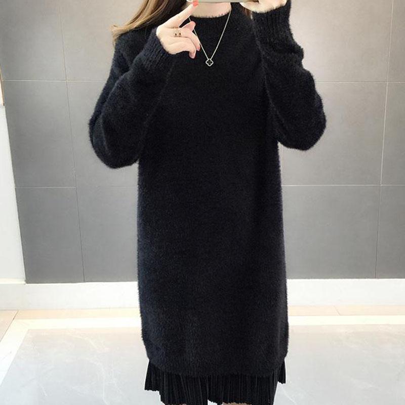 Long Faux Mink Fleece Sweater Winter Bottoming Sweater Thick Warm Knitted Lace Stitching Mohair Sweater Dress
