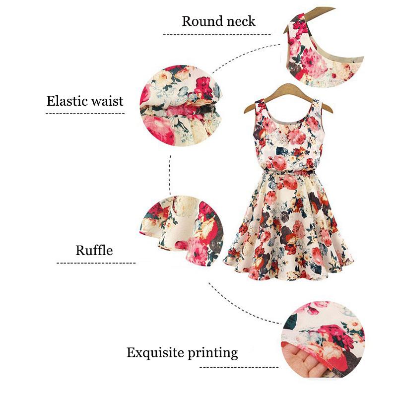 Women A-line Chiffon Dress Summer Sleeveless Round Neck Elastic Waist Floral Large Size Mid-length Skirt