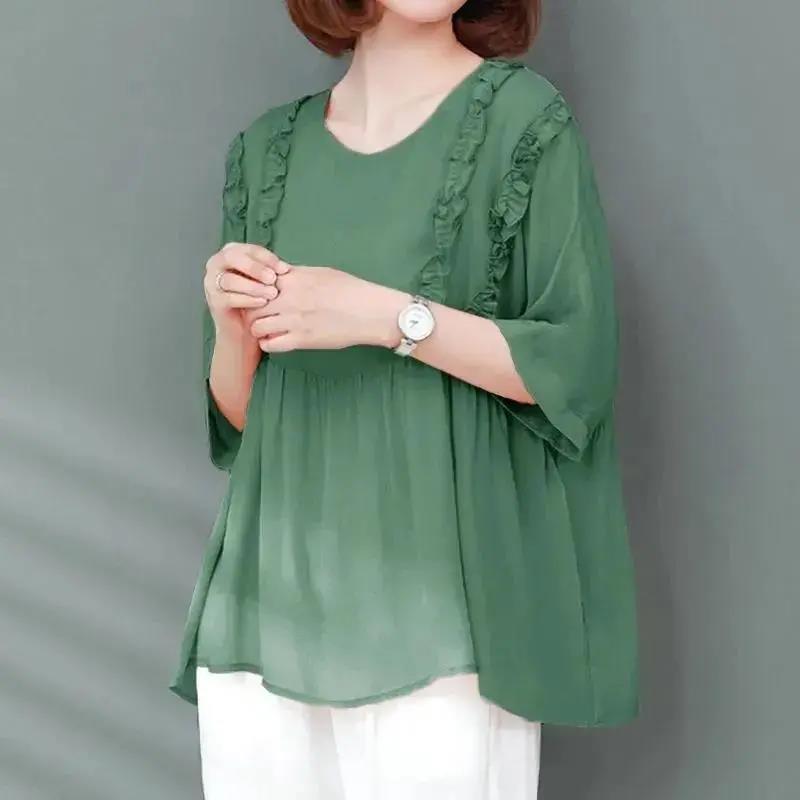 Summer Women's Loose Chiffon Short Sleeve Large Size Round Neck All-match Top