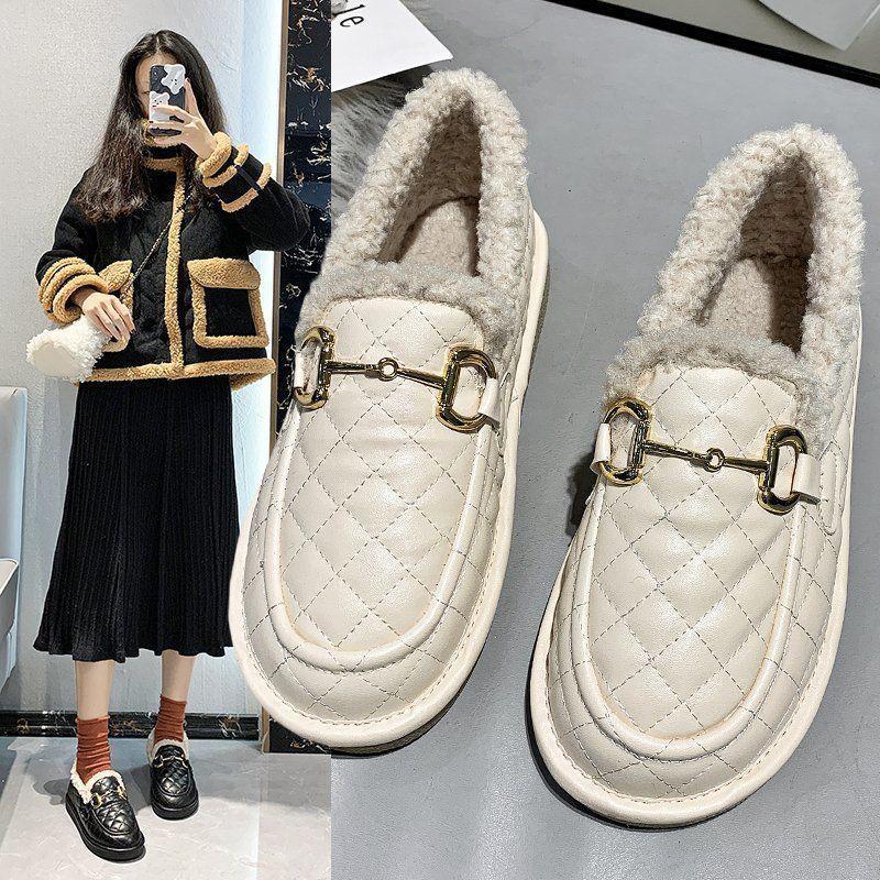 Women's Plush Cotton Shoes for Winter Wear Flat-bottomed Non-slip Plus Velvet Thick One-step Lazy Beanie Shoes Ladies Warm Moccasin Shoes