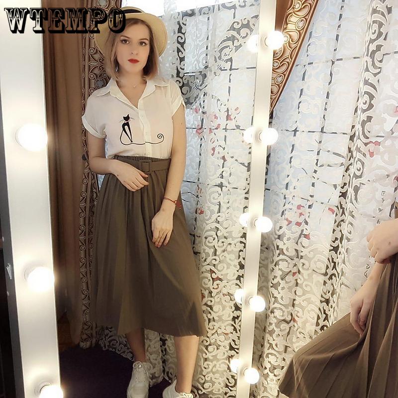 Skirt+Belt Female Pleated Skirt Euro-American Women's Fashion Pure Colored  Loose Half-length Skirt