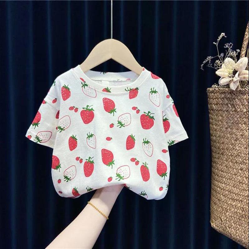 Children's Clothing Girls Summer Two-piece Denim Shorts + Girl Baby Half-sleeved T-shirt Sweet Strawberry Top