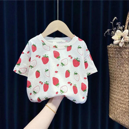 Children's Clothing Girls Summer Two-piece Denim Shorts + Girl Baby Half-sleeved T-shirt Sweet Strawberry Top